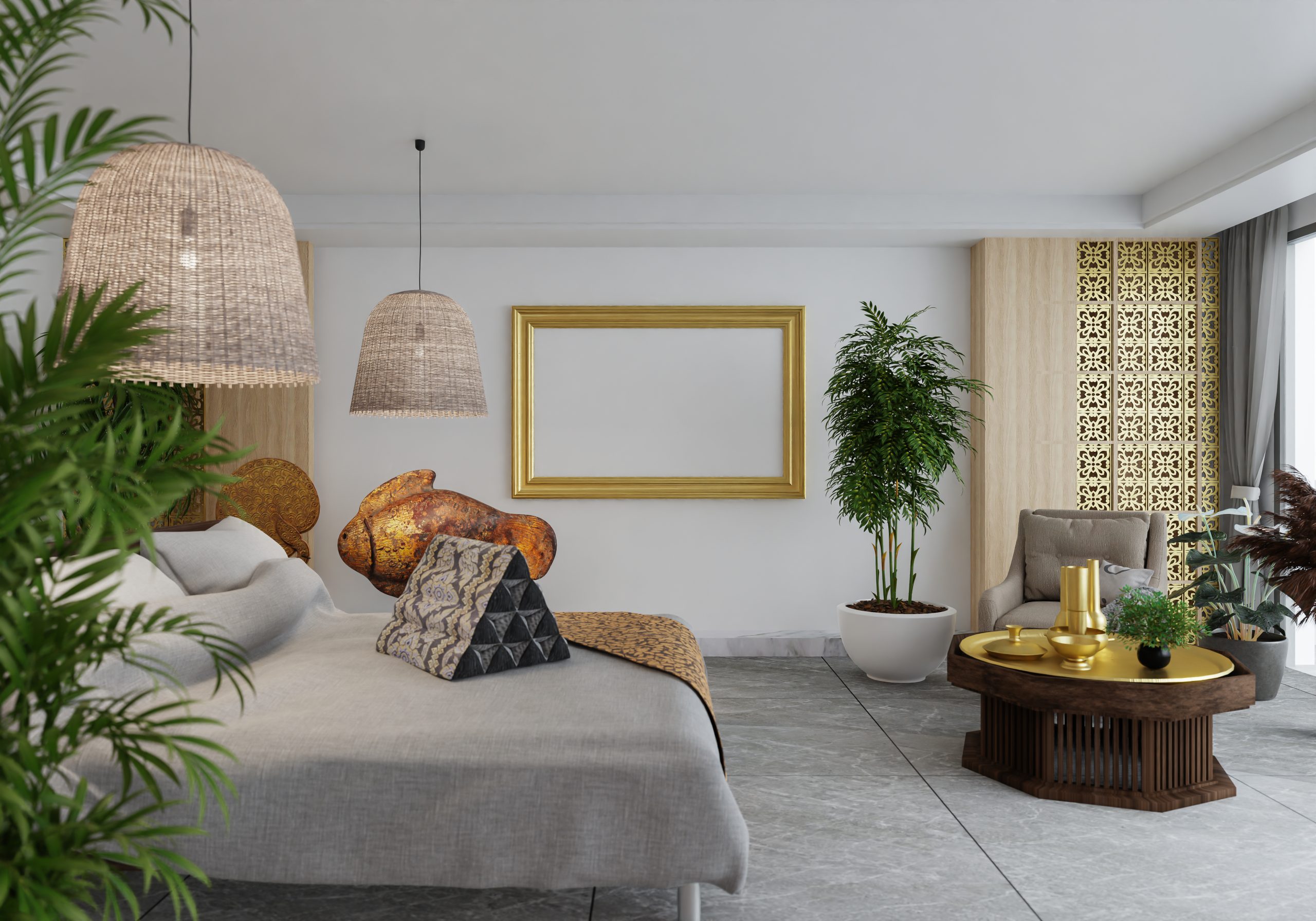 3D illustration, Mockup photo frame on the wall of bedroom, Interior of comfortable with luxury and beautiful furniture, rendering